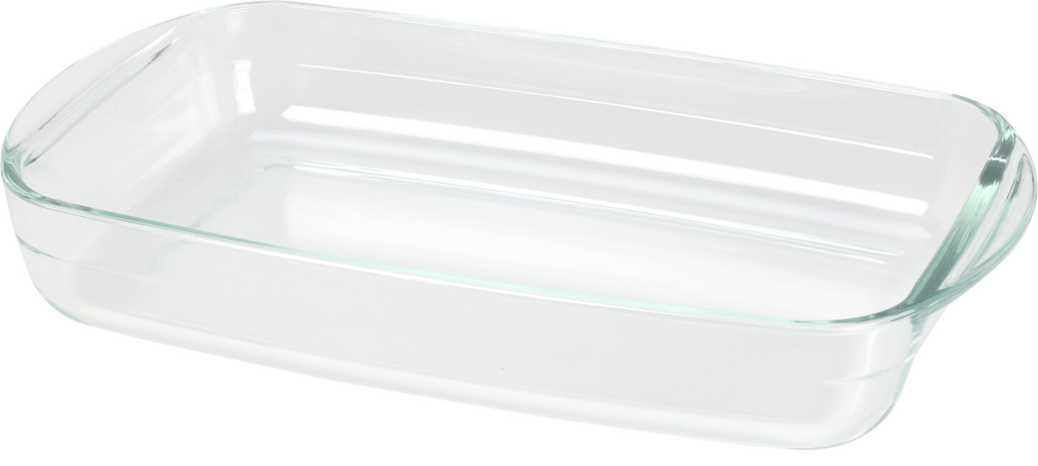 Rechteckige Glasbackform ohne Deckel. Transparentes Material, flache Form.