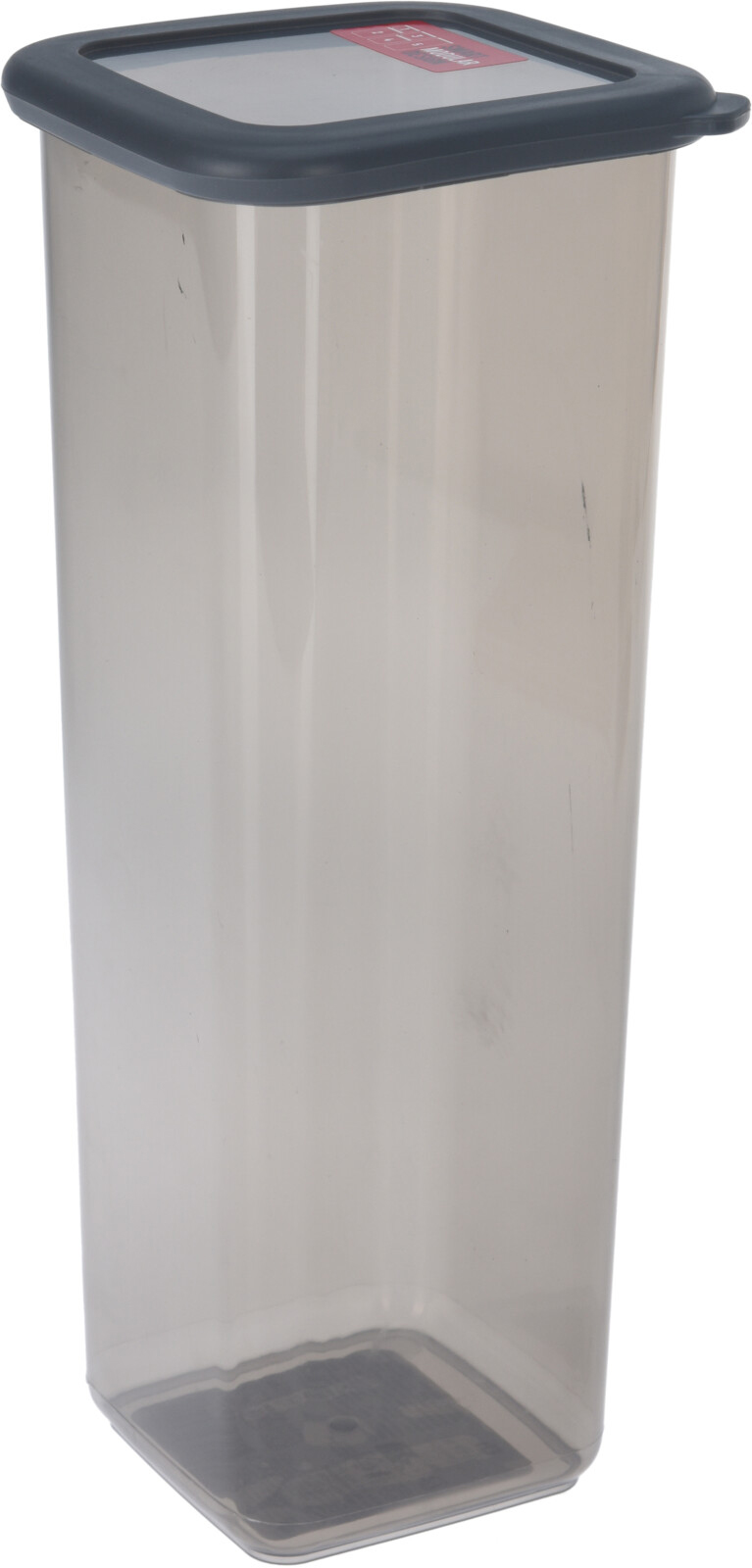 Transparenter, rechteckiger Behälter mit grauem Deckel. Ideal zur Aufbewahrung von Lebensmitteln.