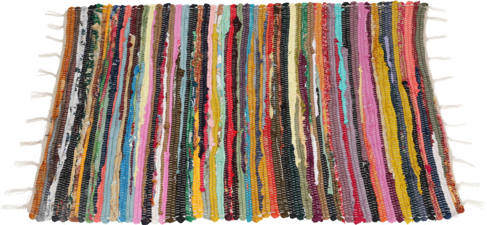 Bunte Teppichmatte mit vielen farbigen Streifen. Material wirkt textil und hat fransige Kanten.