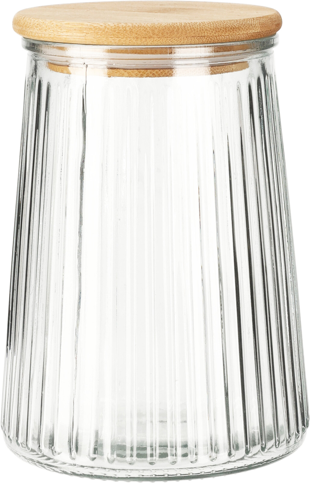 Glasbehälter mit gerillter Oberfläche und Holzdeckel. Transparent und schmal zulaufend.