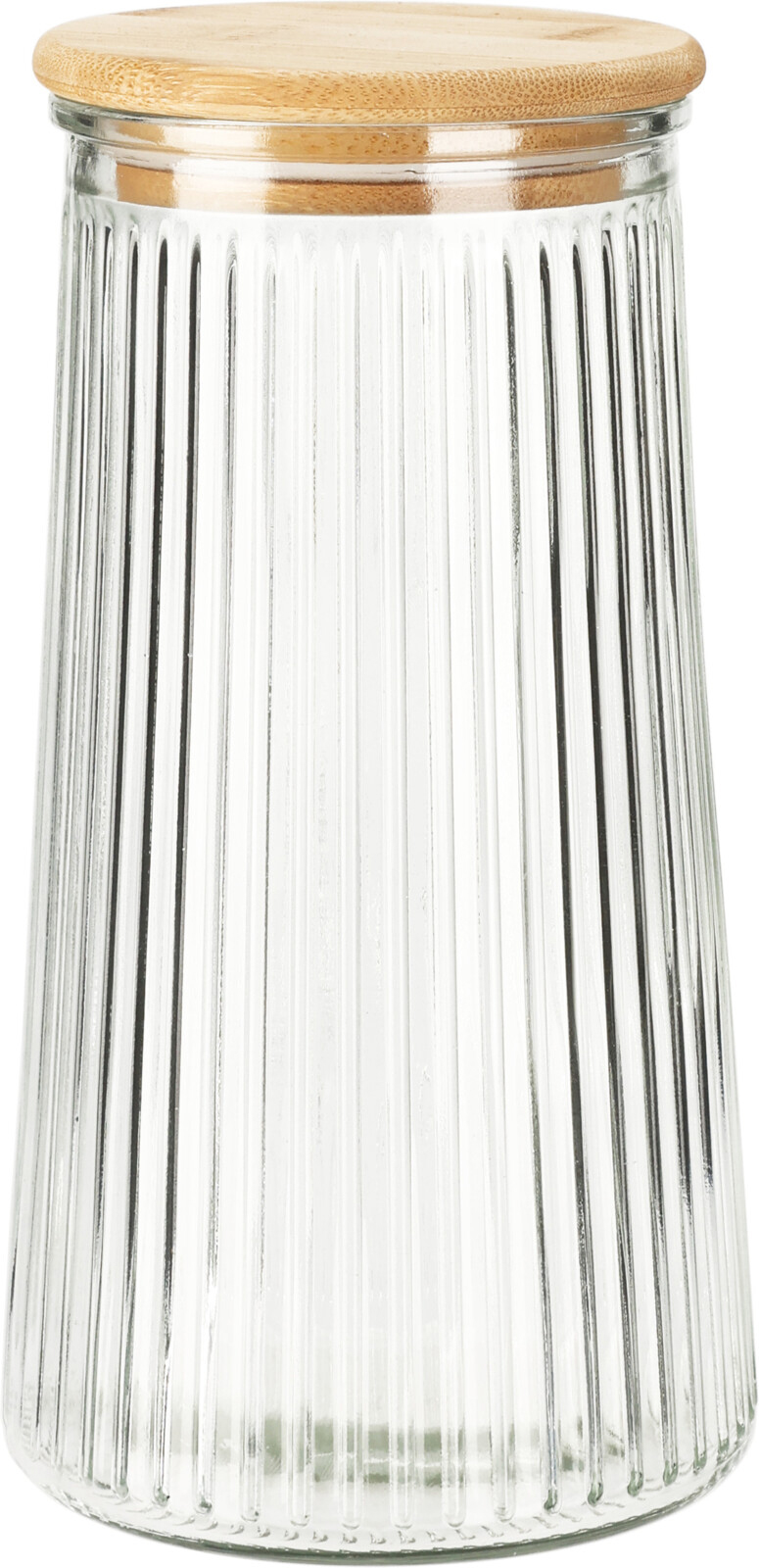 Glasbehälter mit geriffelter Oberfläche und Holzdeckel. Transparent und schlicht.