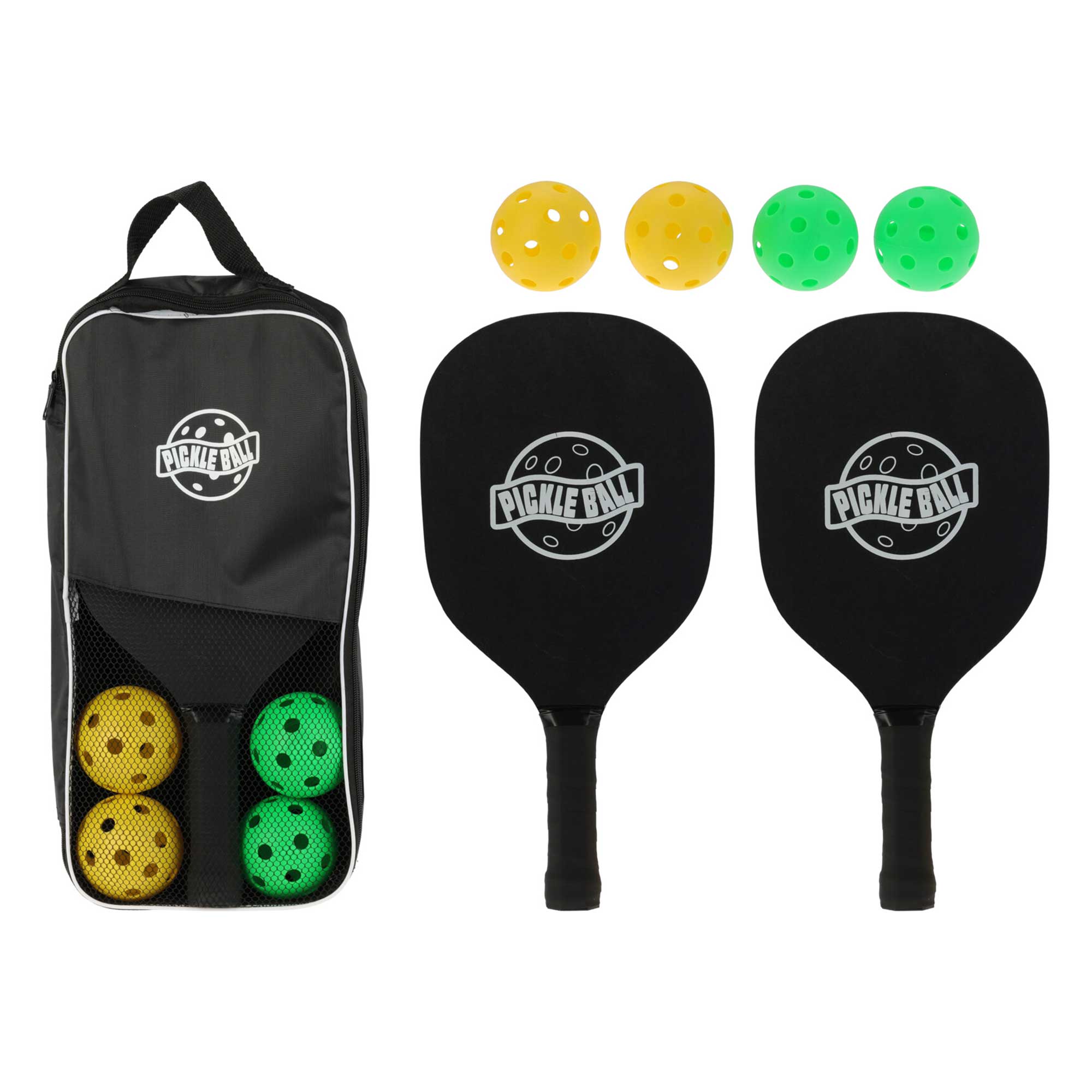 Pickleball-Set mit zwei Schlägern und vier Bällen. Schläger schwarz mit Logo. Bälle in gelb und grün. Aufbewahrungstasche schwarz.