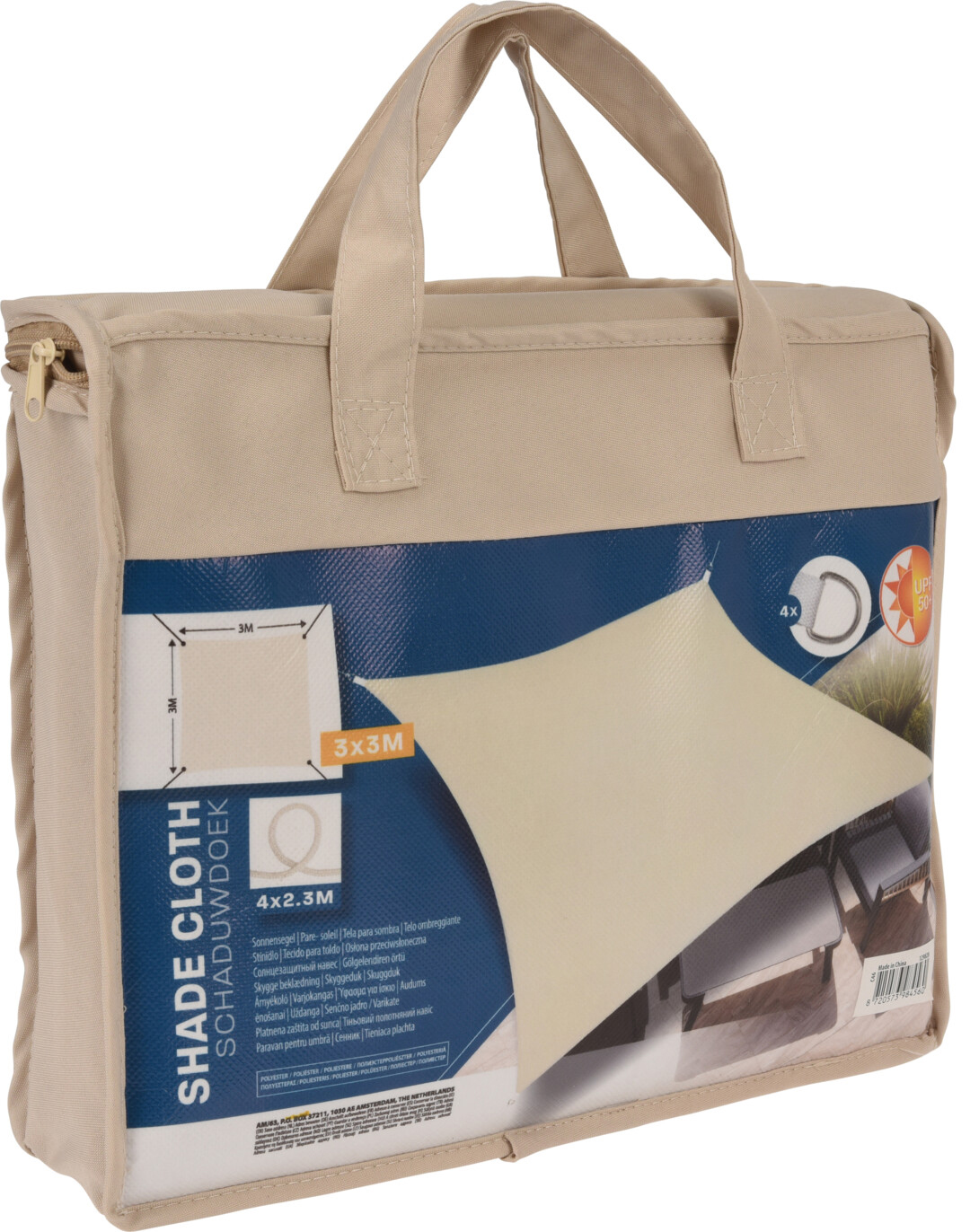 Beige Tragetasche mit Reißverschluss. Enthält ein Sonnensegel in Form eines Dreiecks, Maße 3x3 Meter.
