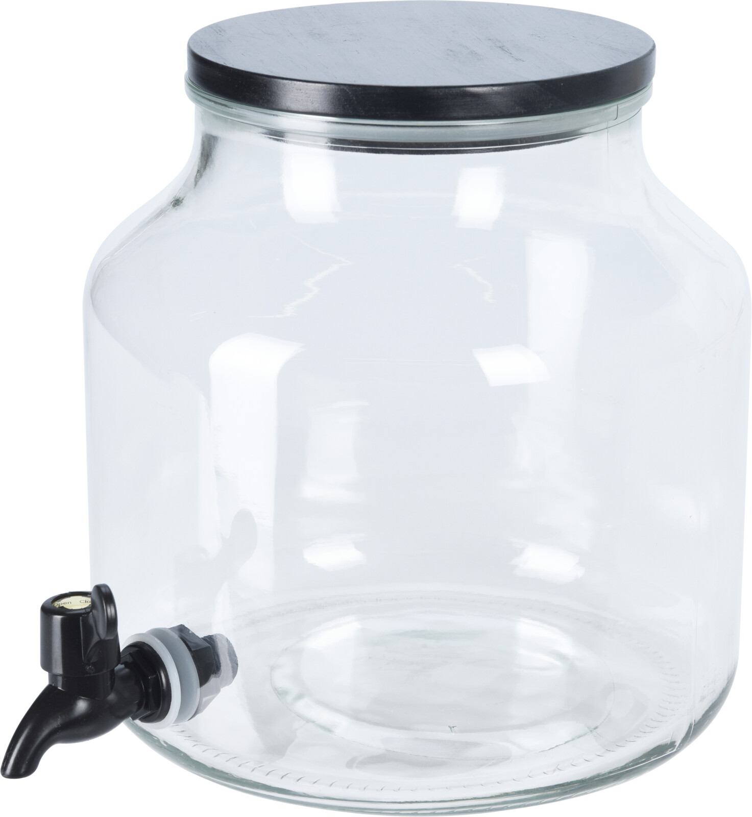 Glasbehälter mit schwarzem Deckel und Auslaufhahn. Transparent und rundlich.