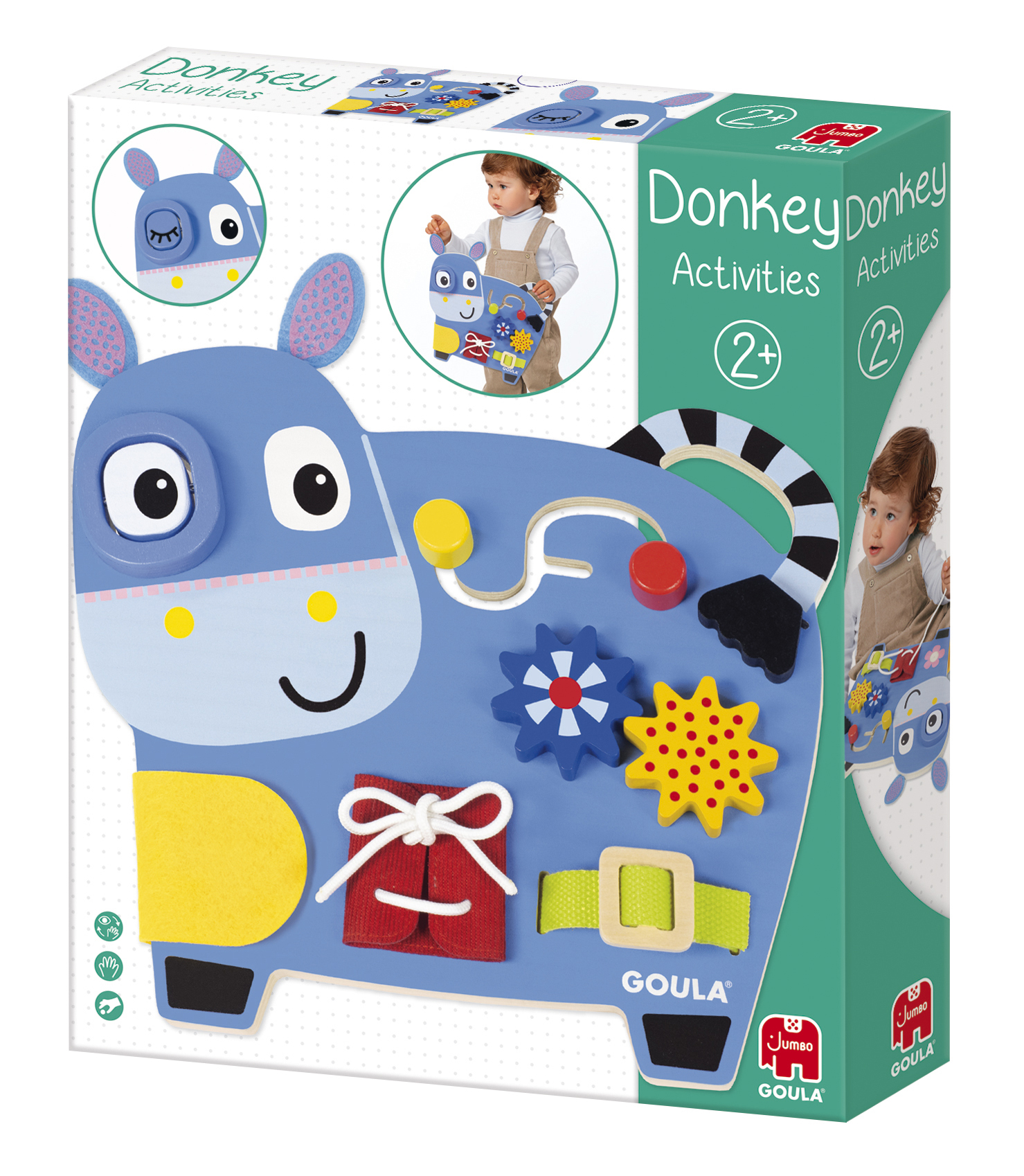 Bunte Aktivitätsbox in Form eines blauen Esels. Enthält verschiedene Formen und Farben zum Spielen. Geeignet für Kinder ab 2 Jahren.