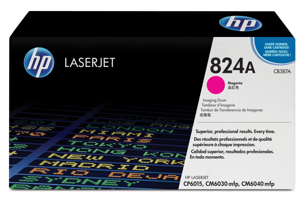 Schwarze Verpackung für HP LaserJet Imaging Drum. Magenta-Farbe. Modellnummer 824A. Hinweis auf professionelle Druckqualität.