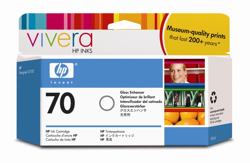 Verpackung einer HP Tintenpatrone. Enthält Gloss Enhancer für hochwertige Drucke.