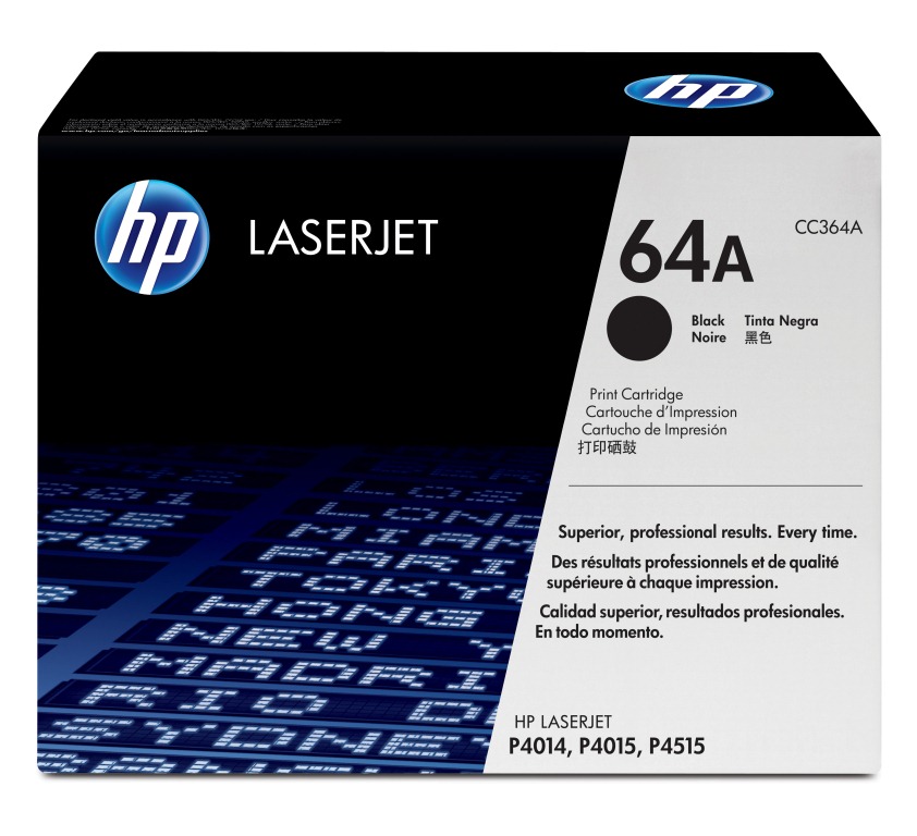 Schwarze Druckerpatrone, Modell 64A. Verpackung mit HP-Logo. Für LaserJet Drucker P4014, P4015, P4515. Hinweis auf professionelle Druckqualität.