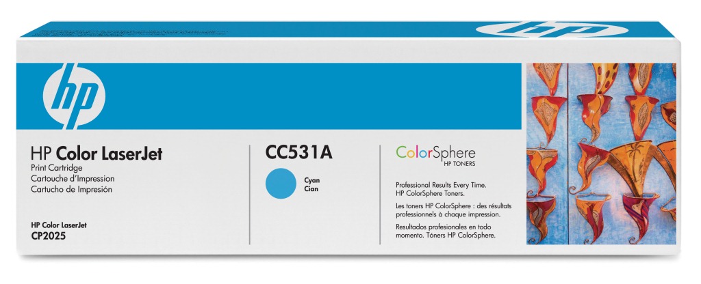 Verpackung für einen HP Color LaserJet Druckerpatrone. Die Farbe ist cyan, mit grafischen Elementen.