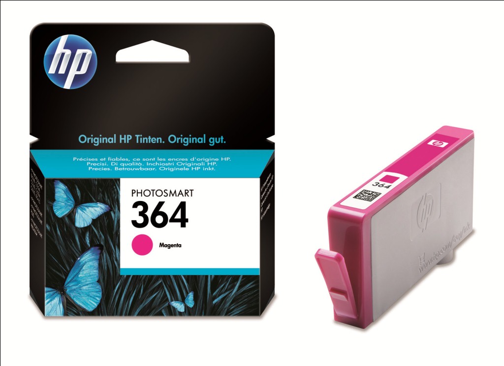 Magenta Tintenpatrone der Marke HP. Verpackung zeigt blaue Schmetterlinge auf schwarzem Hintergrund.