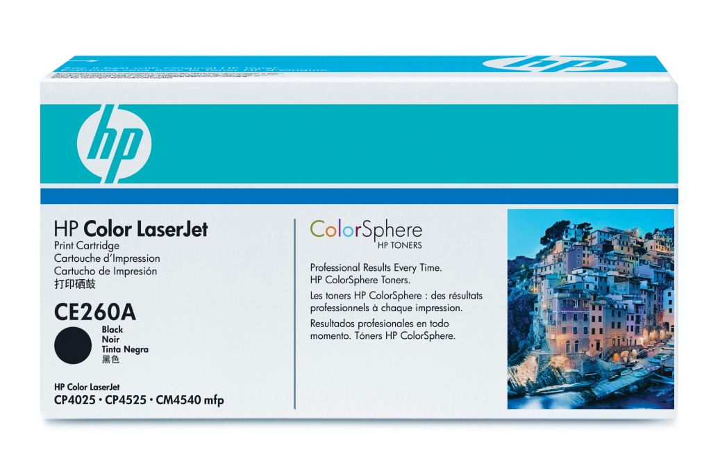 Druckerpatrone von HP in blauer Verpackung. Die Patrone ist schwarz und für Color LaserJet Drucker.