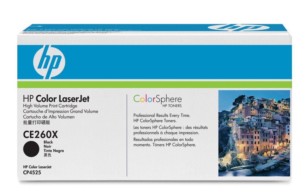 Verpackung für HP Color LaserJet Tonerkartusche. Enthält Informationen zu Farben und Druckqualität.