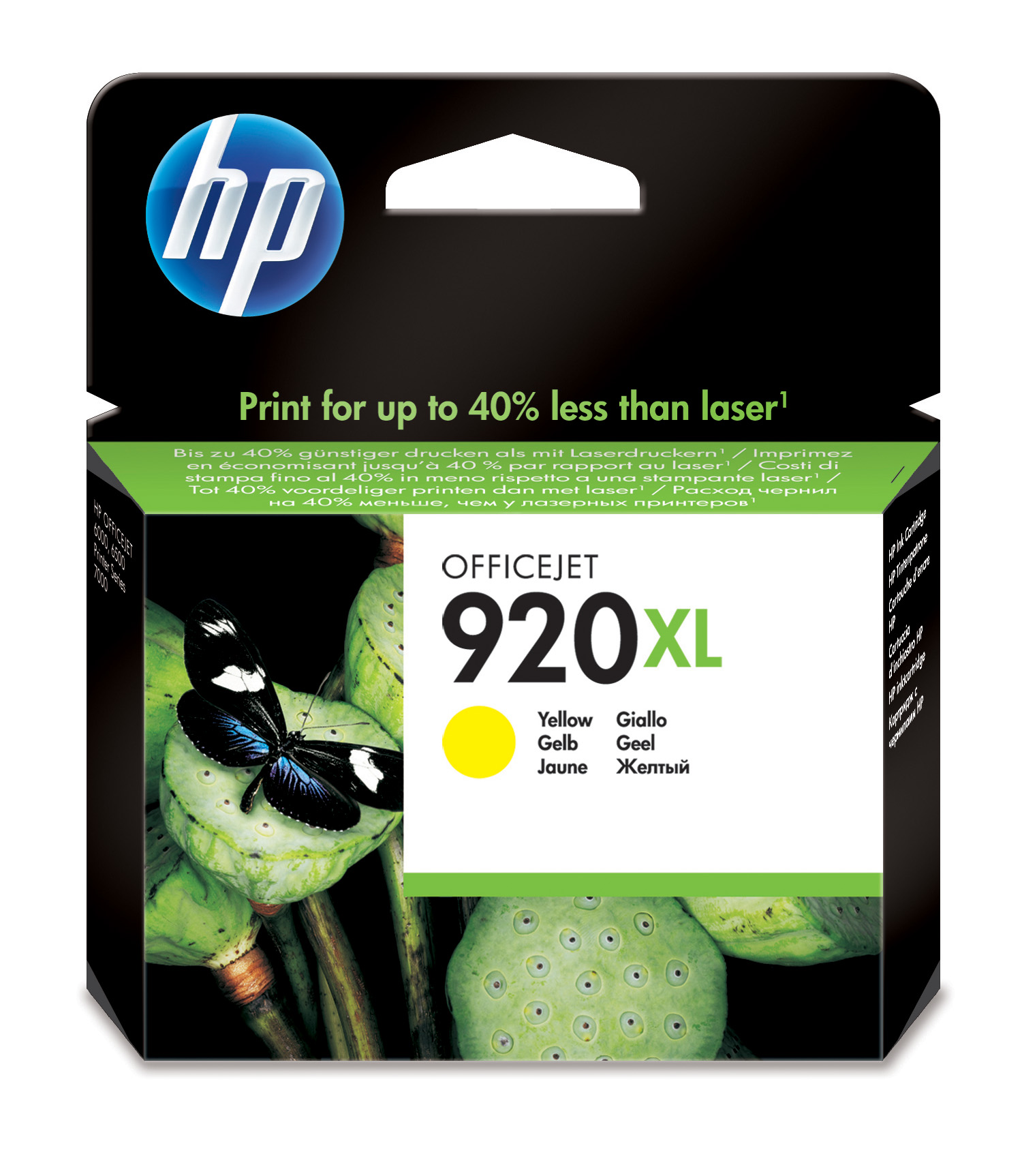 Gelbe Druckerpatrone für HP OfficeJet 920XL. Verpackung zeigt eine grüne Pflanze mit einem Schmetterling.