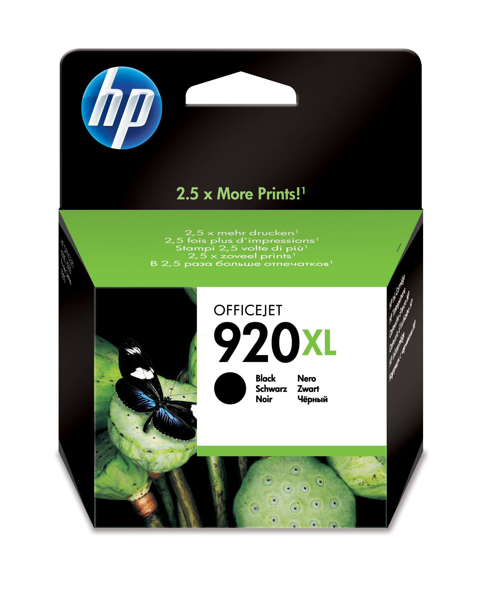 Schwarze Druckerpatrone für HP Officejet 920XL. Verpackung zeigt einen Schmetterling auf grünen Pflanzen.