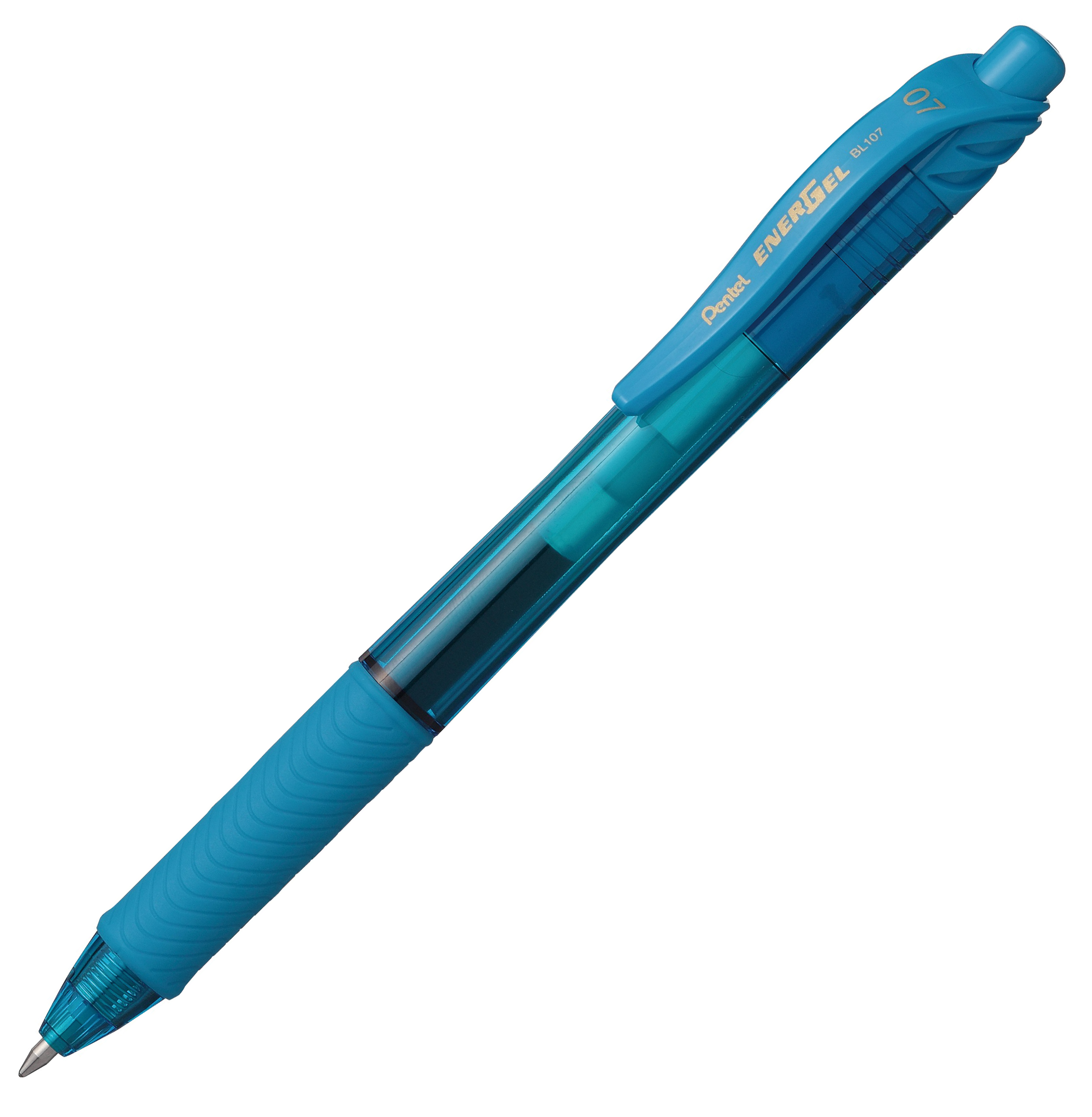 blauer Kugelschreiber mit transparentem Gehäuse. Gummierte Griffzone. Spitze ist silberfarben.