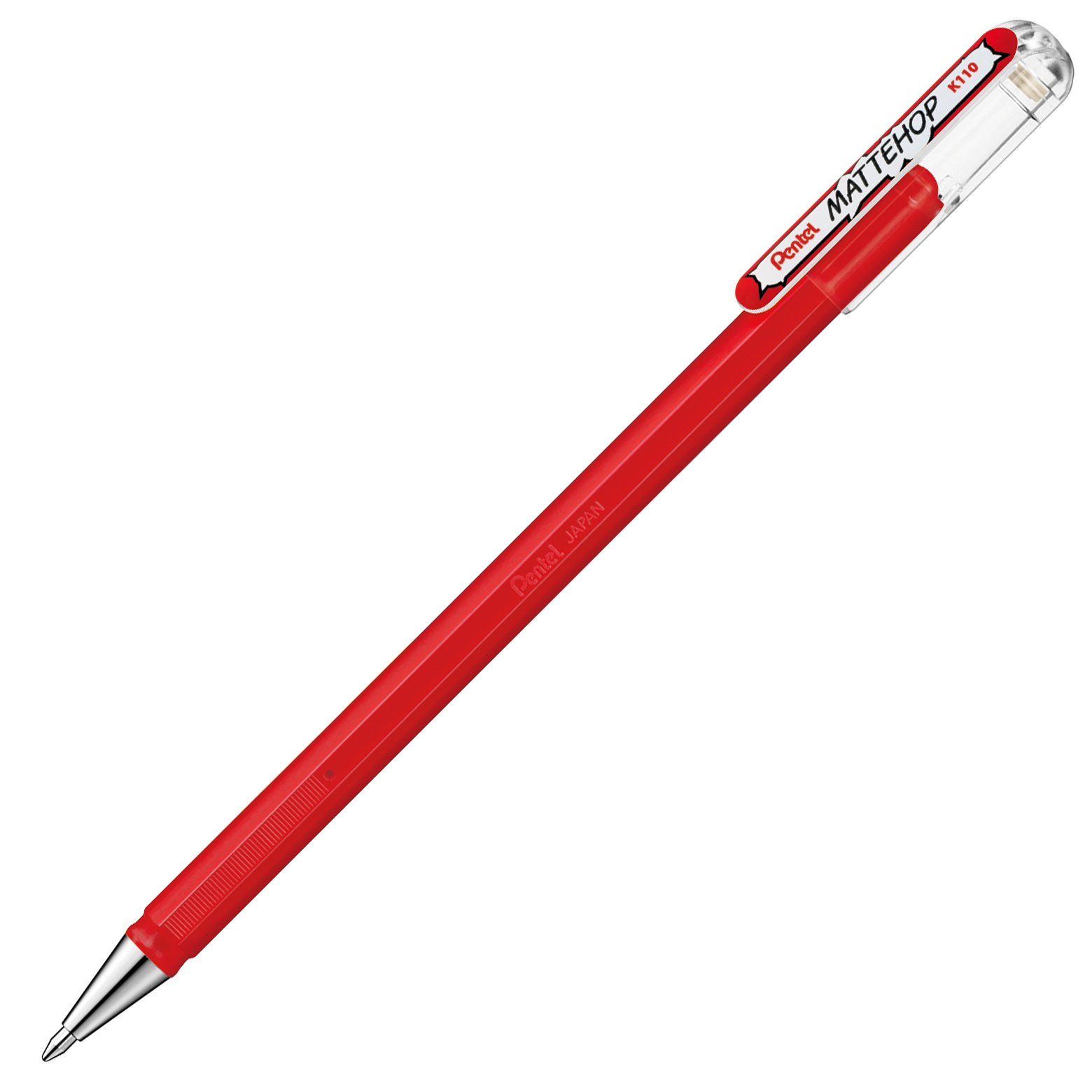 roter Kugelschreiber mit transparentem Deckel. Glatte Oberfläche, silberne Spitze. Marke: Pentel.