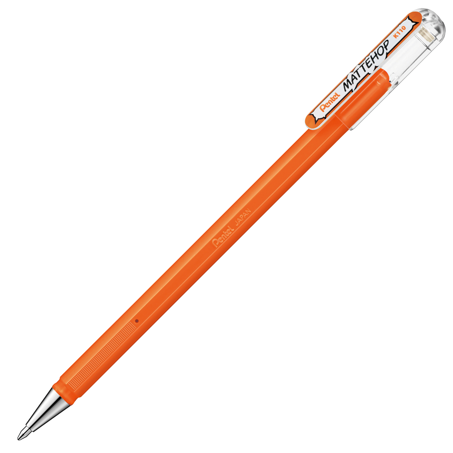 orangefarbener Kugelschreiber mit transparentem Deckel. Der Stift hat eine glatte Oberfläche.