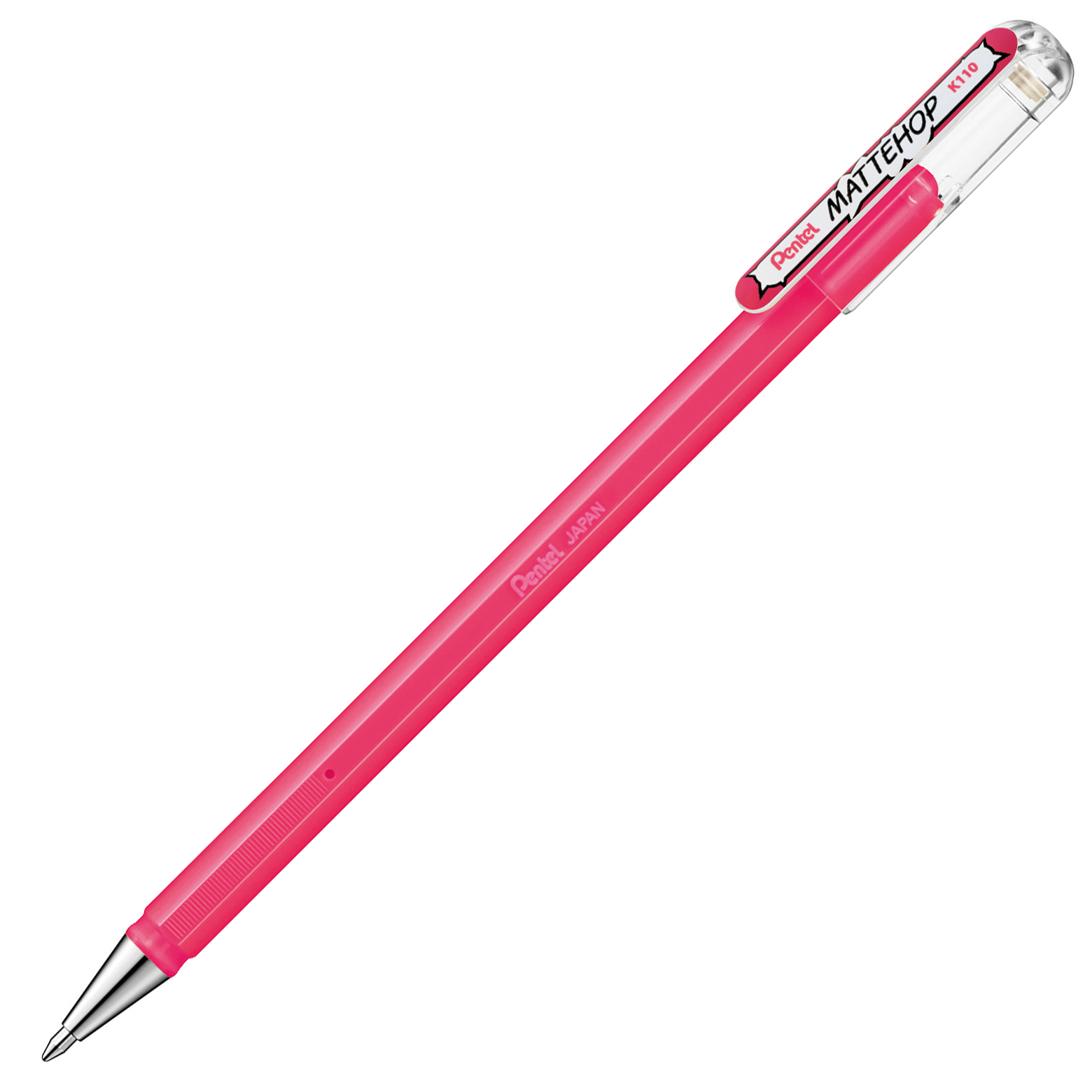 pinkfarbener Kugelschreiber mit transparentem Deckel. Glatte Oberfläche, metallische Spitze. Marke: Pentel.