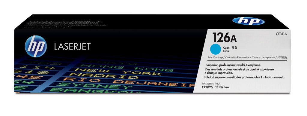 Schwarze Verpackung für einen HP Laserdrucker-Toner. Auf der Vorderseite steht '126A Cyan' in großen Buchstaben.