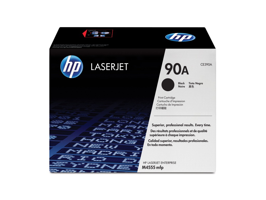 Schwarze Druckerpatrone von HP. Verpackung zeigt das Modell 90A.
