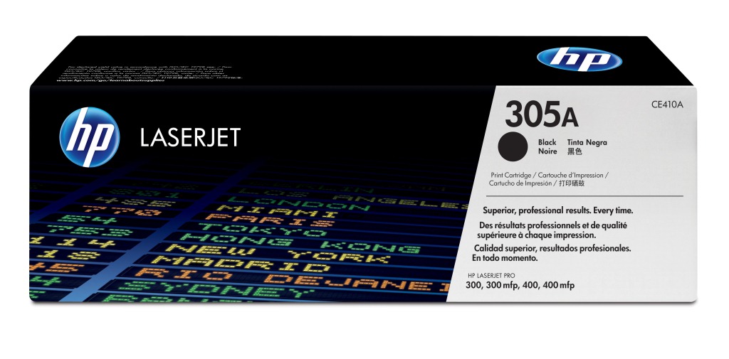 Schwarze Druckerpatrone von HP mit der Bezeichnung 305A. Verpackung zeigt verschiedene Städtenamen in bunten Buchstaben.