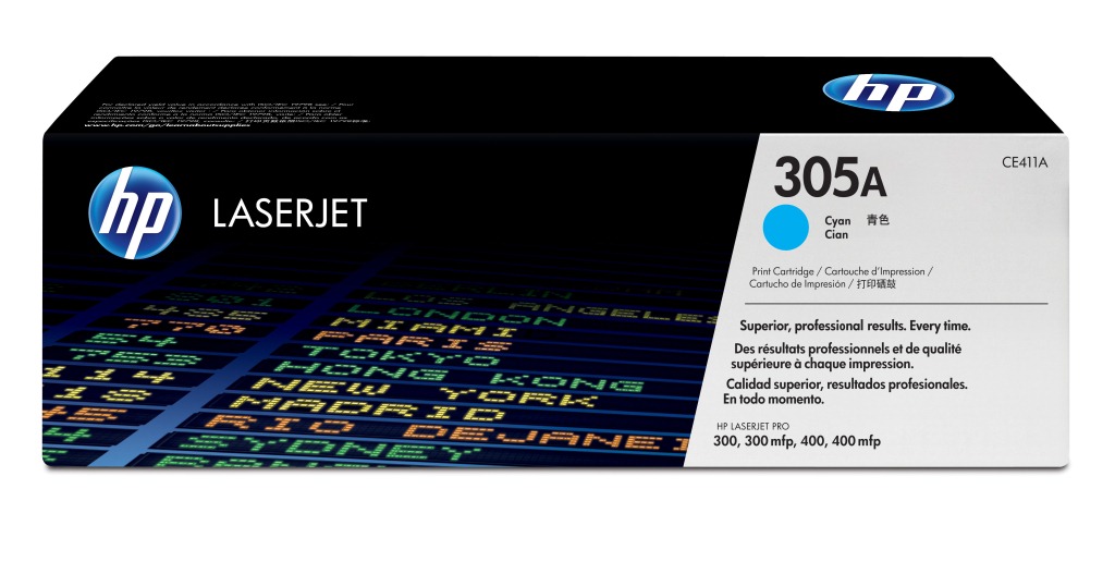 Schwarze Verpackung für HP LaserJet Druckerpatrone. Aufdruck mit dem Logo von HP. Farbcode: Cyan. Hinweis auf professionelle Druckqualität.