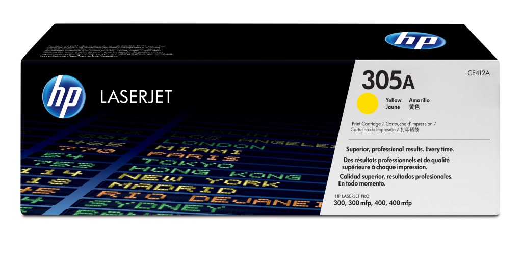 Schwarze Verpackung für einen gelben Druckerpatrone. Auf der Vorderseite steht '305A' und 'LaserJet'.