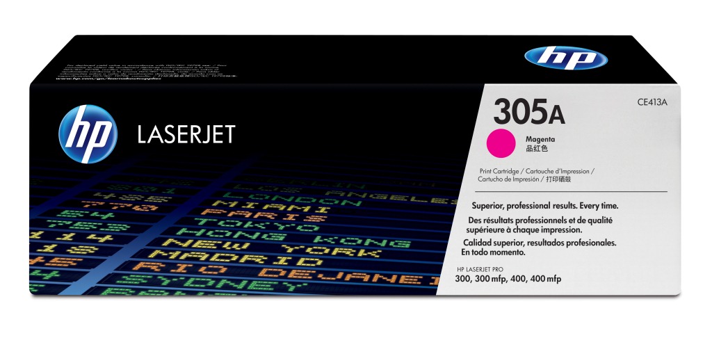 Schwarze Verpackung für einen HP LaserJet Druckerpatrone. Die Farbe ist Magenta, mit dem HP Logo.