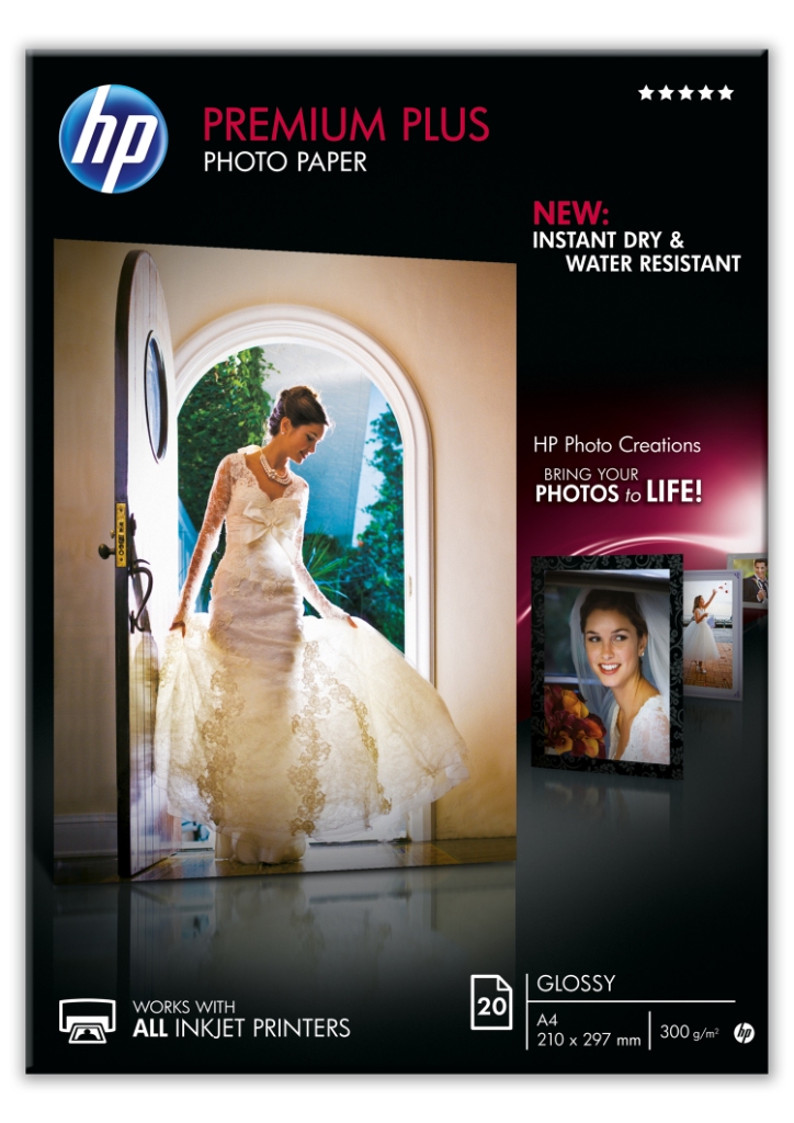 Packung mit HP Premium Plus Fotopapier. Glänzende Oberfläche, geeignet für alle Tintenstrahldrucker.