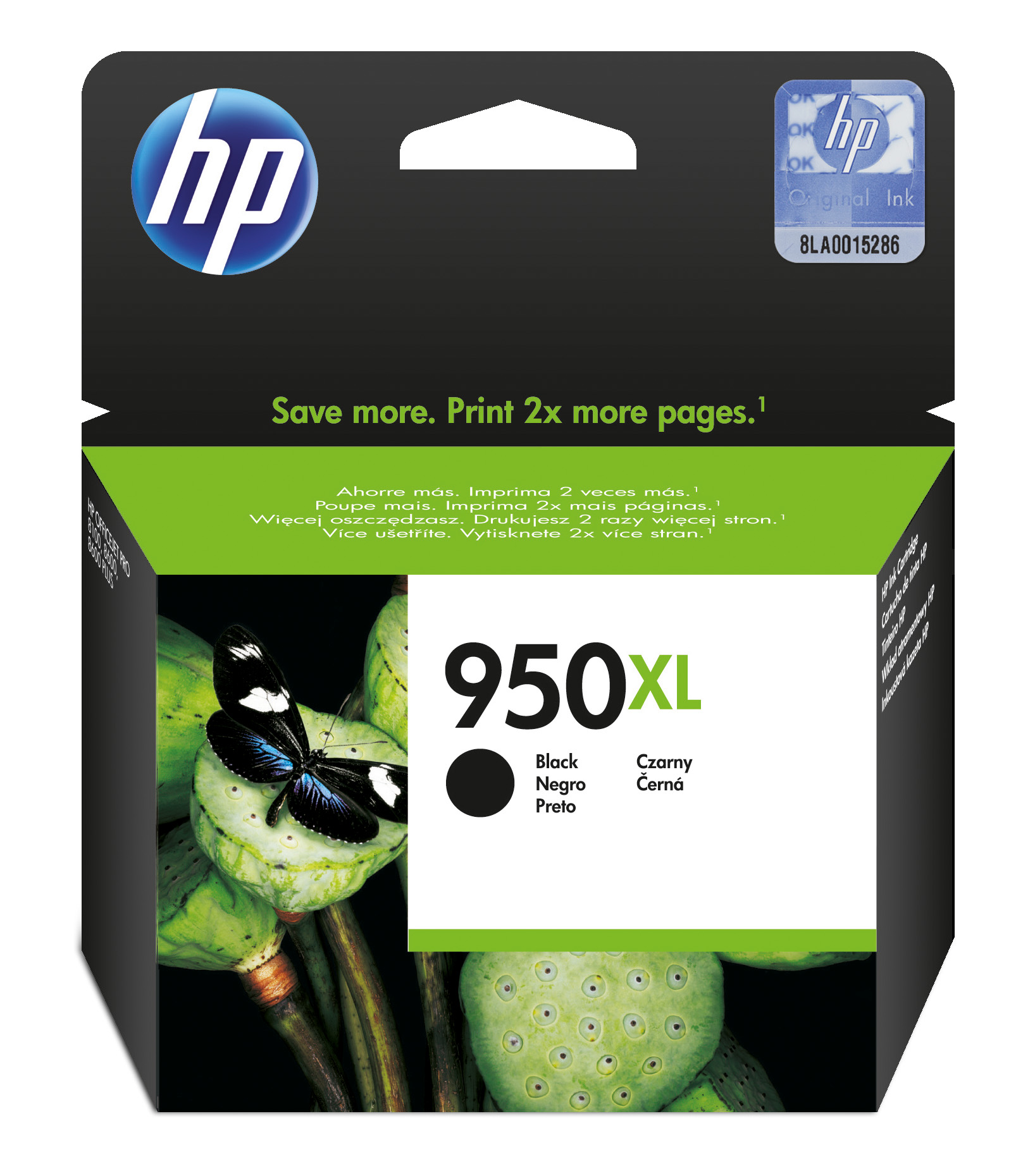 Schwarze Druckerpatrone HP 950XL. Abbildung eines Schmetterlings auf grünen Pflanzen. Hinweis: 'Sparen Sie mehr. Drucken Sie 2x mehr Seiten.'