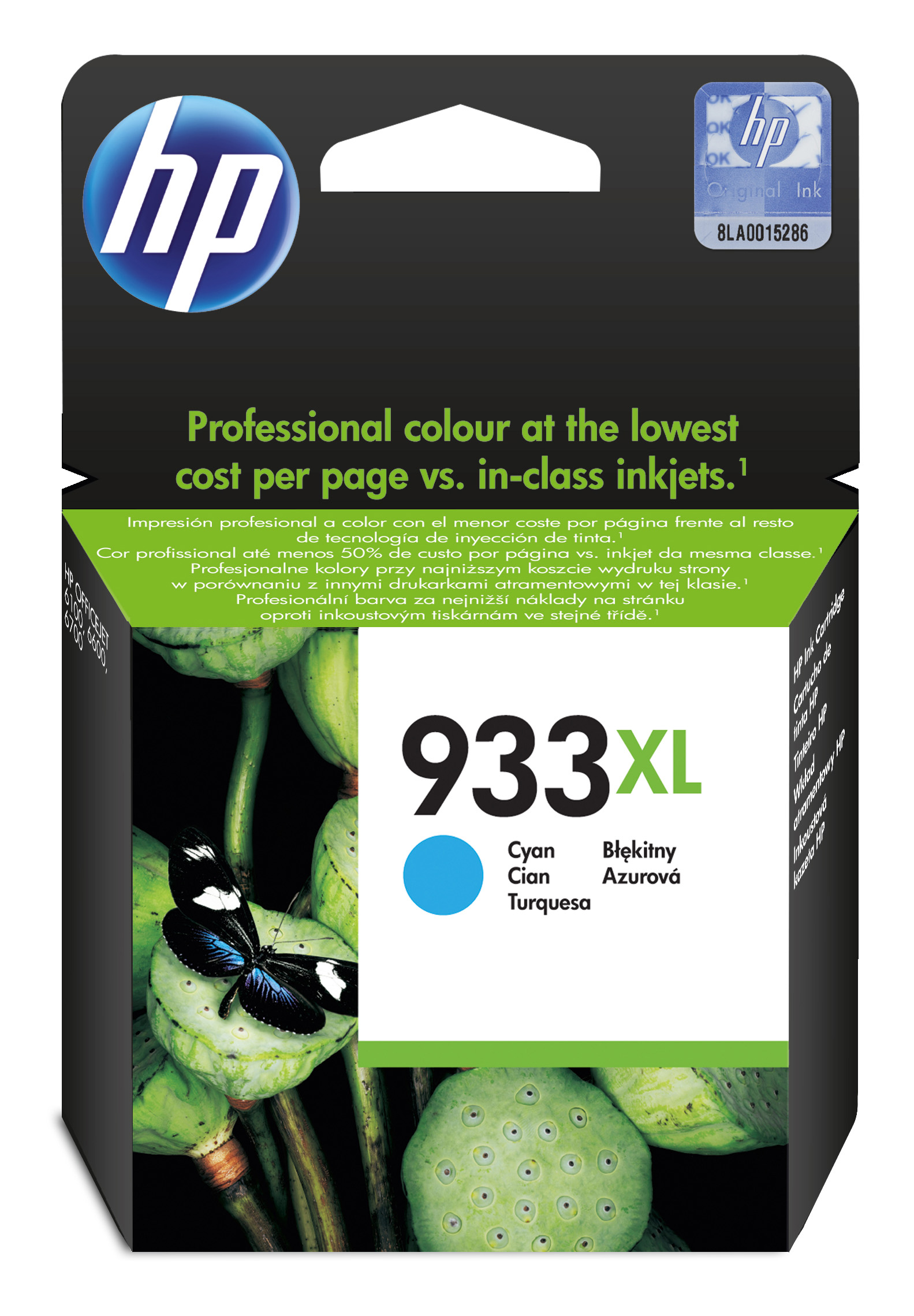 Tintenpatrone in schwarzer Verpackung. Farbe: Cyan, Modell: 933XL.