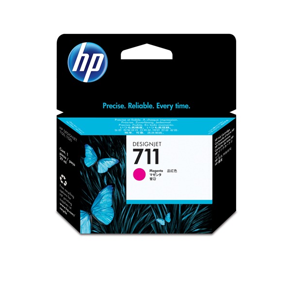 Schwarze Verpackung mit bunten Schmetterlingen. Enthält eine magentafarbene Druckpatrone für HP Designjet 711.