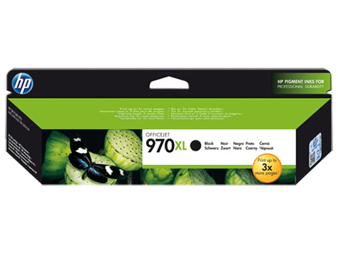 Schwarze Verpackung für HP OfficeJet 970XL Tinte. Abbildung einer grünen Pflanze mit einem Schmetterling.
