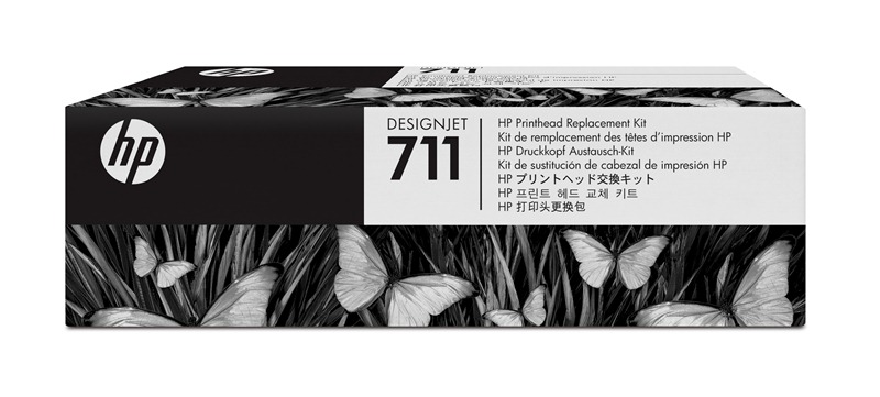 Schwarze Verpackung mit weißen Schmetterlingen. Enthält HP Druckkopf Austausch-Kit.