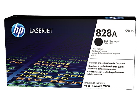 Schwarze Tonerkartusche für HP LaserJet Drucker. Modell 828A. Verpackung mit bunten Schriftzügen und HP-Logo.