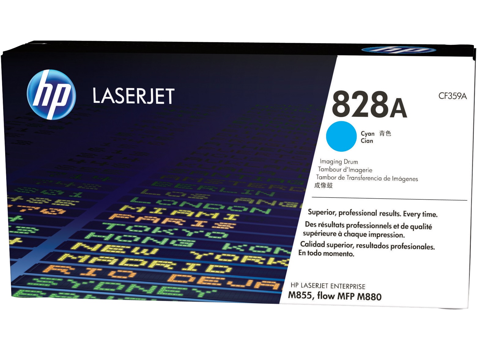 Schwarze Verpackung für einen HP LaserJet Imaging Drum. Auf der Vorderseite sind die Farben und die Modellnummer 828A deutlich sichtbar.