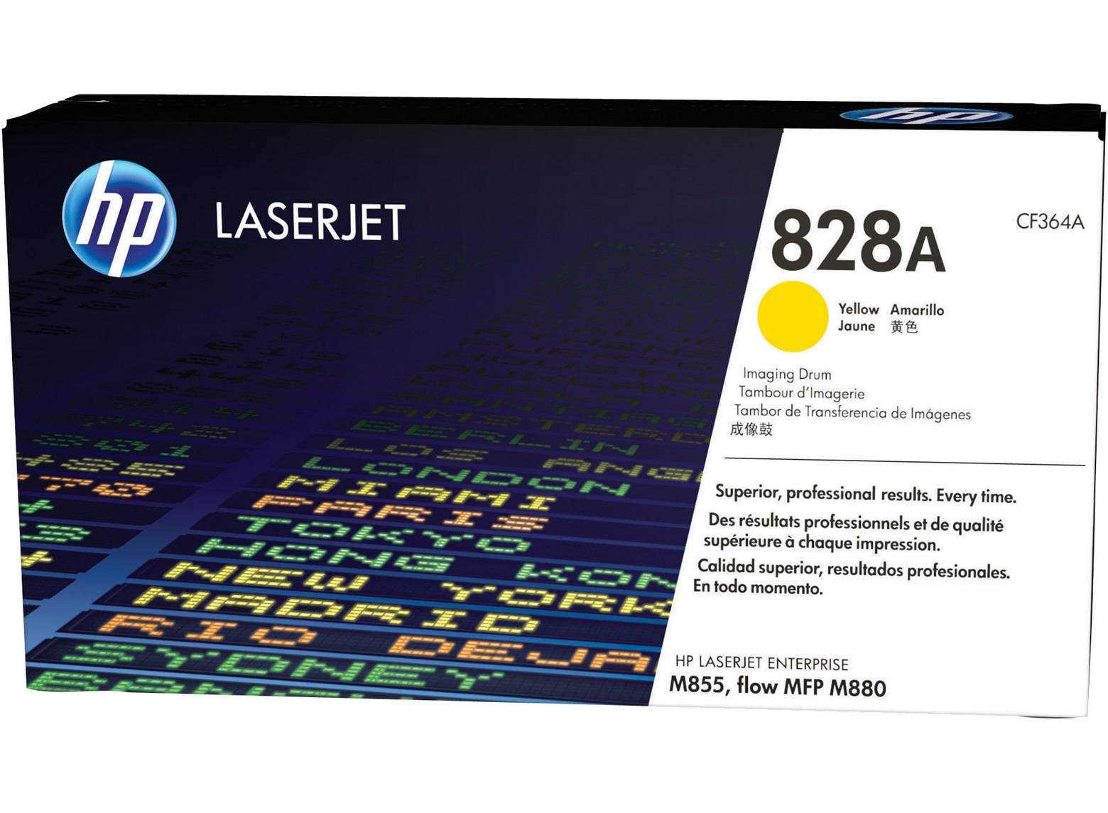Schwarze Verpackung für einen gelben Drucker-Toner. Aufschrift 'HP LASERJET 828A'. Abbildung eines gelben Kreises. Hinweis auf professionelle Druckqualität.