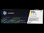 Schwarze Verpackung für einen HP LaserJet Toner. Beschriftung zeigt die Farbe Gelb und die Modellnummer 312A.