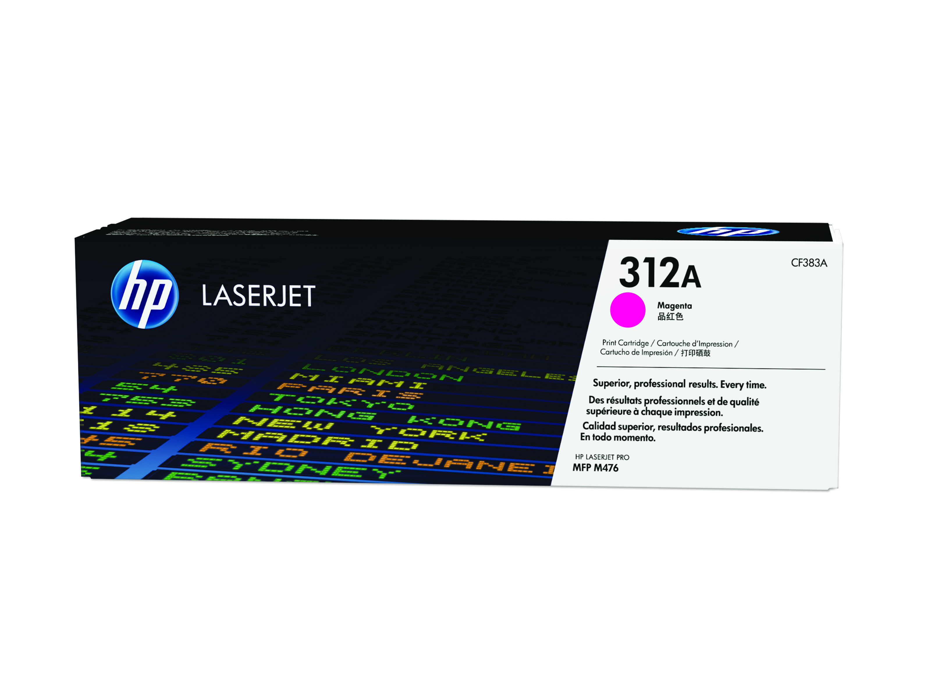 Schwarze Verpackung für einen Druckerpatrone. Beschriftung in verschiedenen Farben. Magenta, Modell 312A. Hinweis auf professionelle Druckqualität.