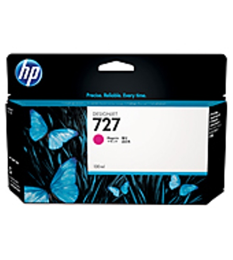 Schwarze Verpackung mit blauen Schmetterlingen. Produktname: HP Designjet 727. Farbe: Magenta. Inhalt: 130 ml.
