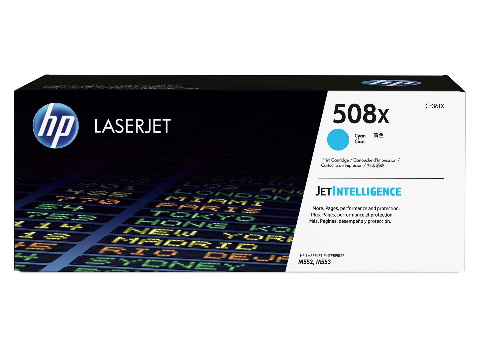 Schwarze Verpackung für einen HP LaserJet Druckerpatrone. Aufdruck zeigt die Modellnummer 508x und die Farbe Cyan.