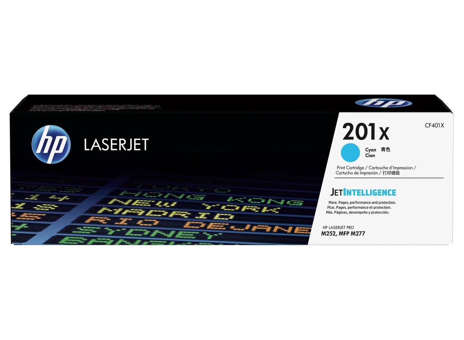 Schwarze Verpackung für einen HP LaserJet Druckerpatrone. Beschriftung mit Modellnummer 201x und der Farbe Cyan.