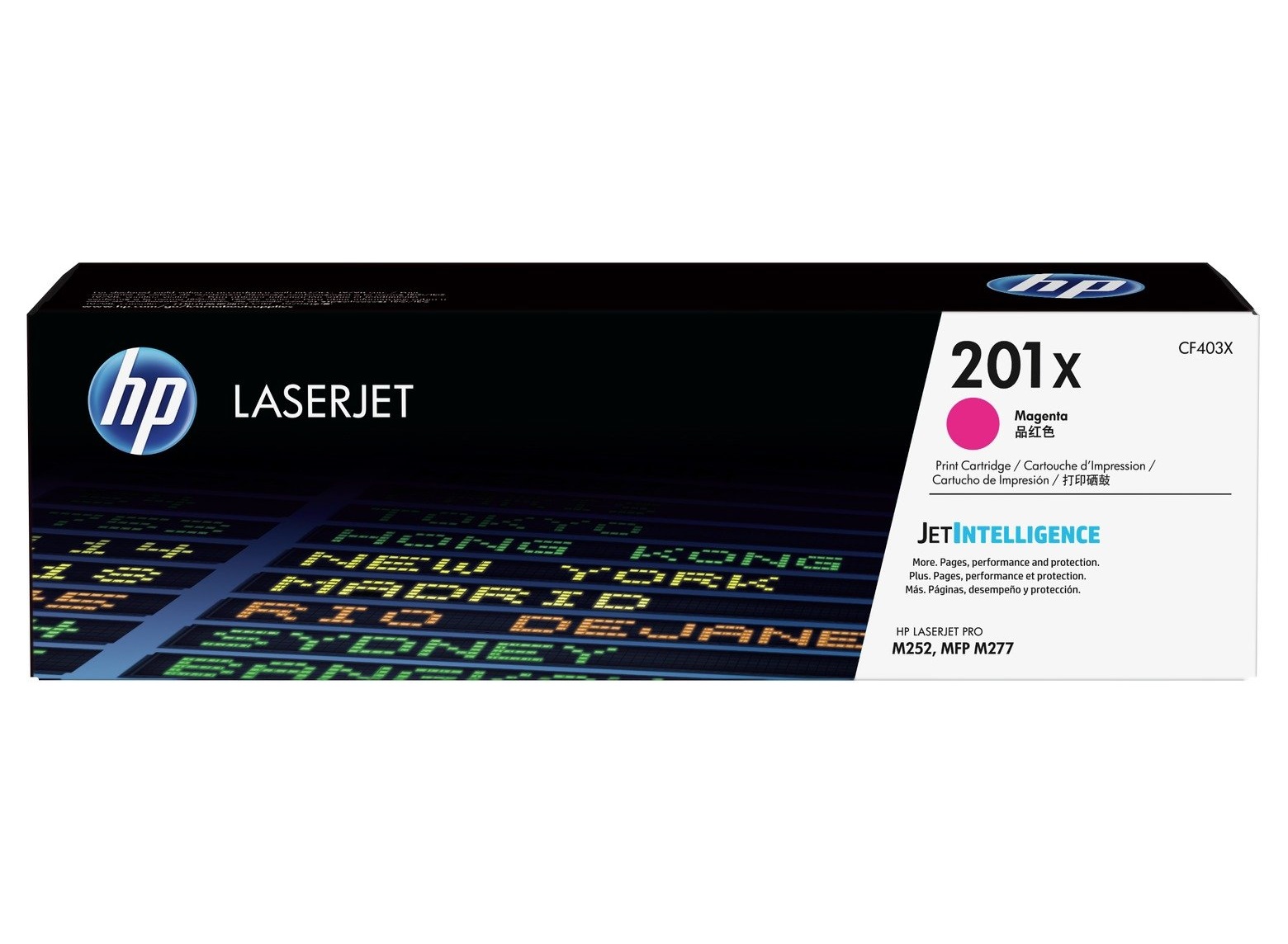 Schwarze Verpackung für HP LaserJet Druckerpatrone. Magenta-Farbe, Modell 201x. Enthält Informationen zu Druckleistung und Kompatibilität.