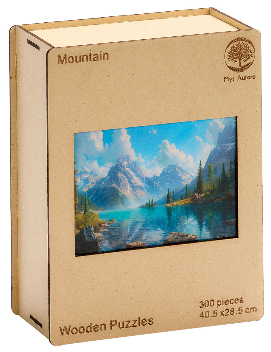 Holzpuzzle mit 300 Teilen. Motiv zeigt Berge und einen See.
