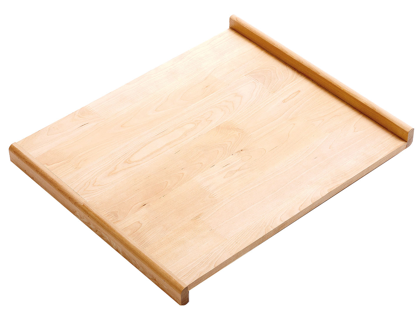 Holztablett mit erhöhtem Rand. Die Oberfläche ist glatt und hell.