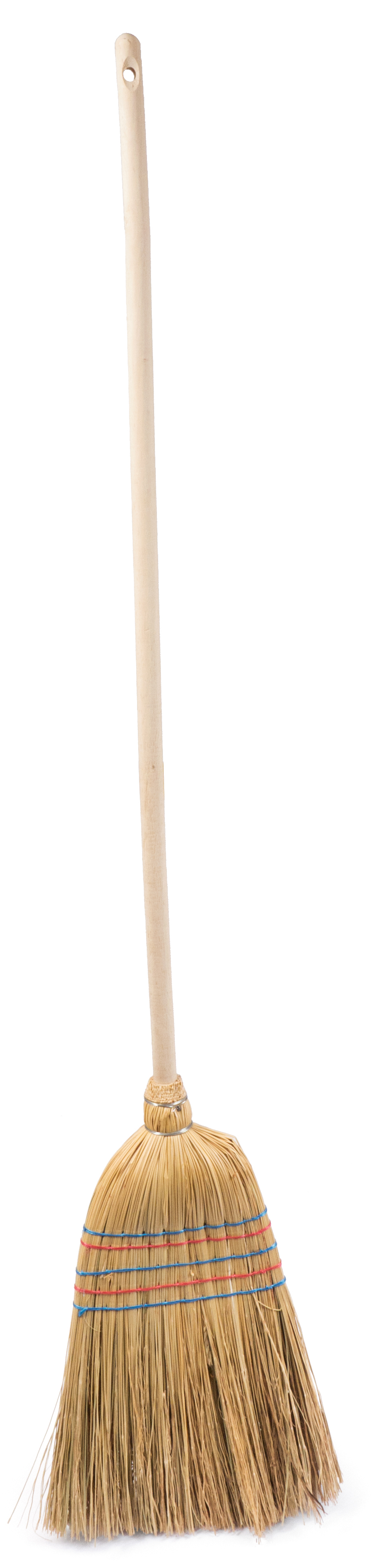 Besen mit langem Holzstiel und einer Bürste aus Stroh. Die Bürste hat bunte Streifen.