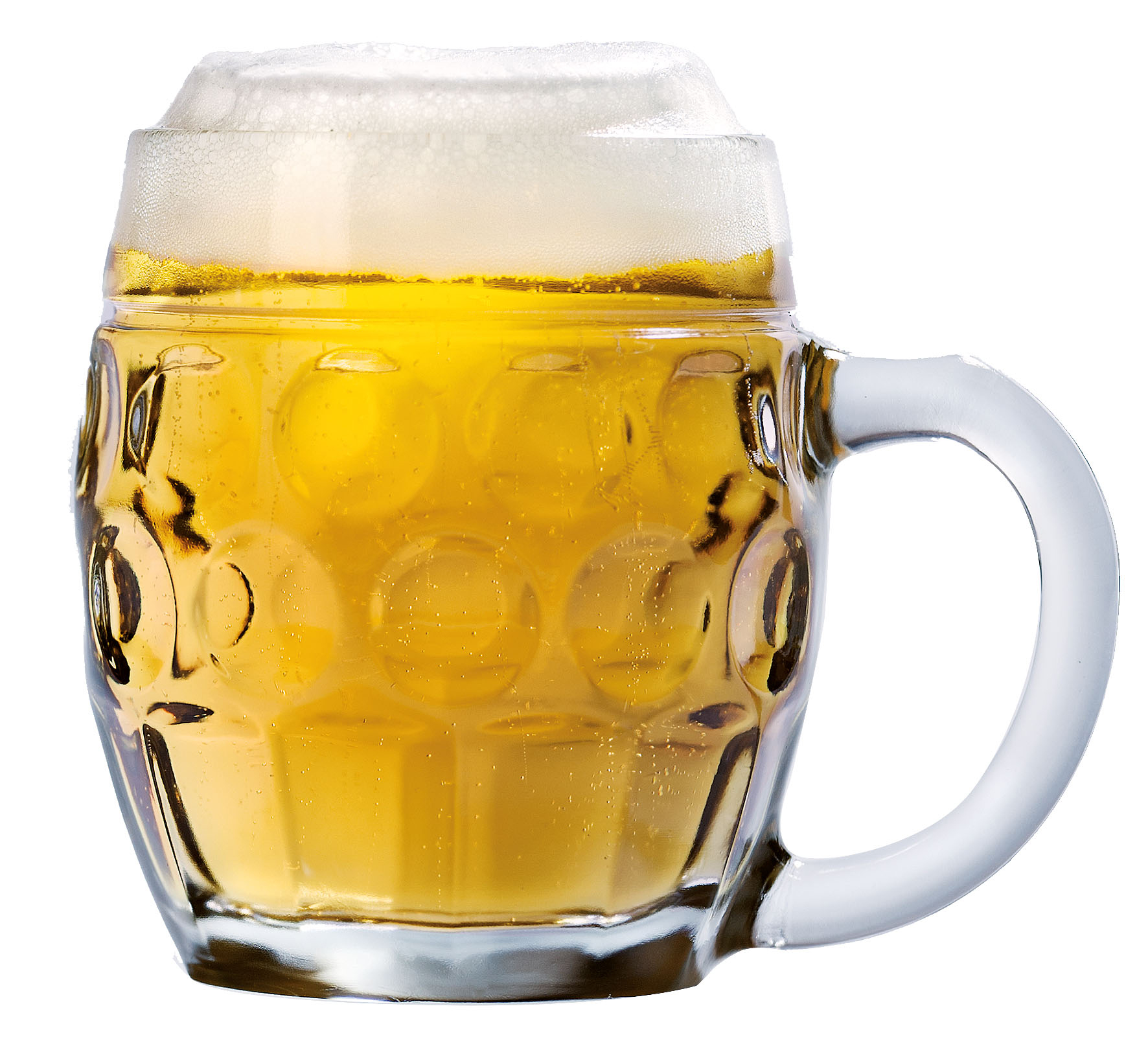 Ein Glas Bier mit Schaumkrone. Das Bier ist goldfarben und sprudelnd.