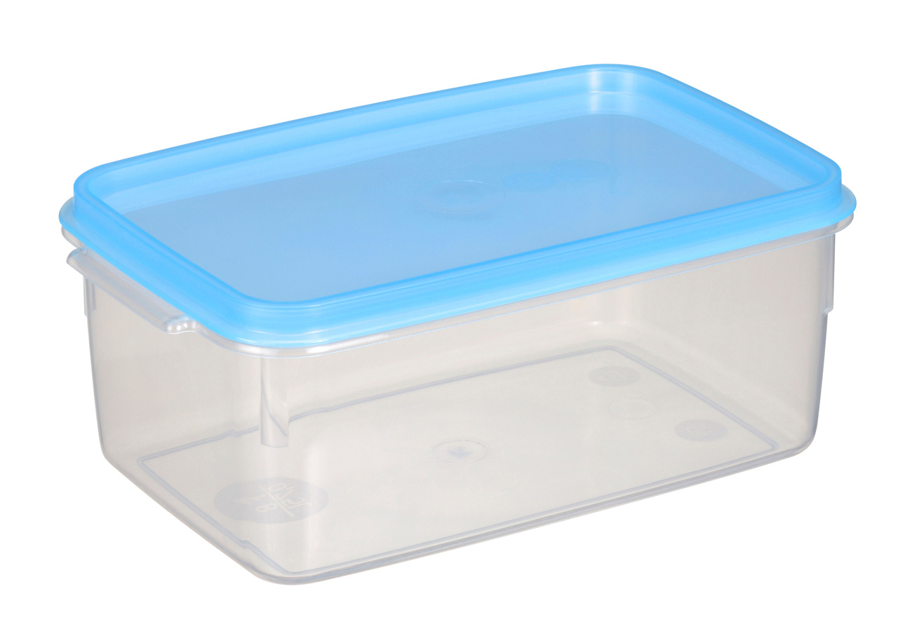 transparente Kunststoffbox mit blauem Deckel. Rechteckige Form. Geeignet für Aufbewahrung.