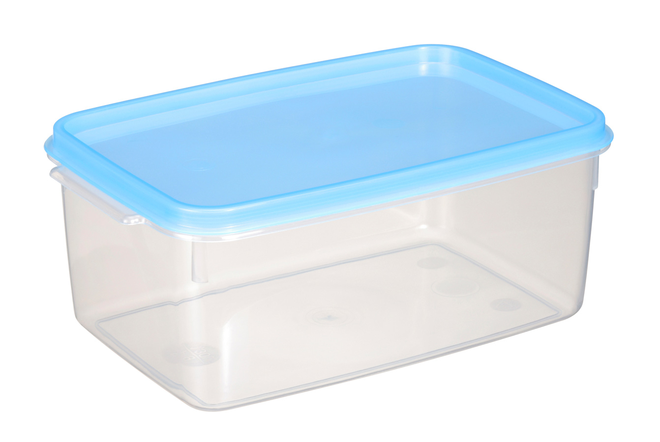 Durchsichtiger Plastikbehälter mit blauem Deckel. Rechteckige Form. Geeignet für Aufbewahrung.