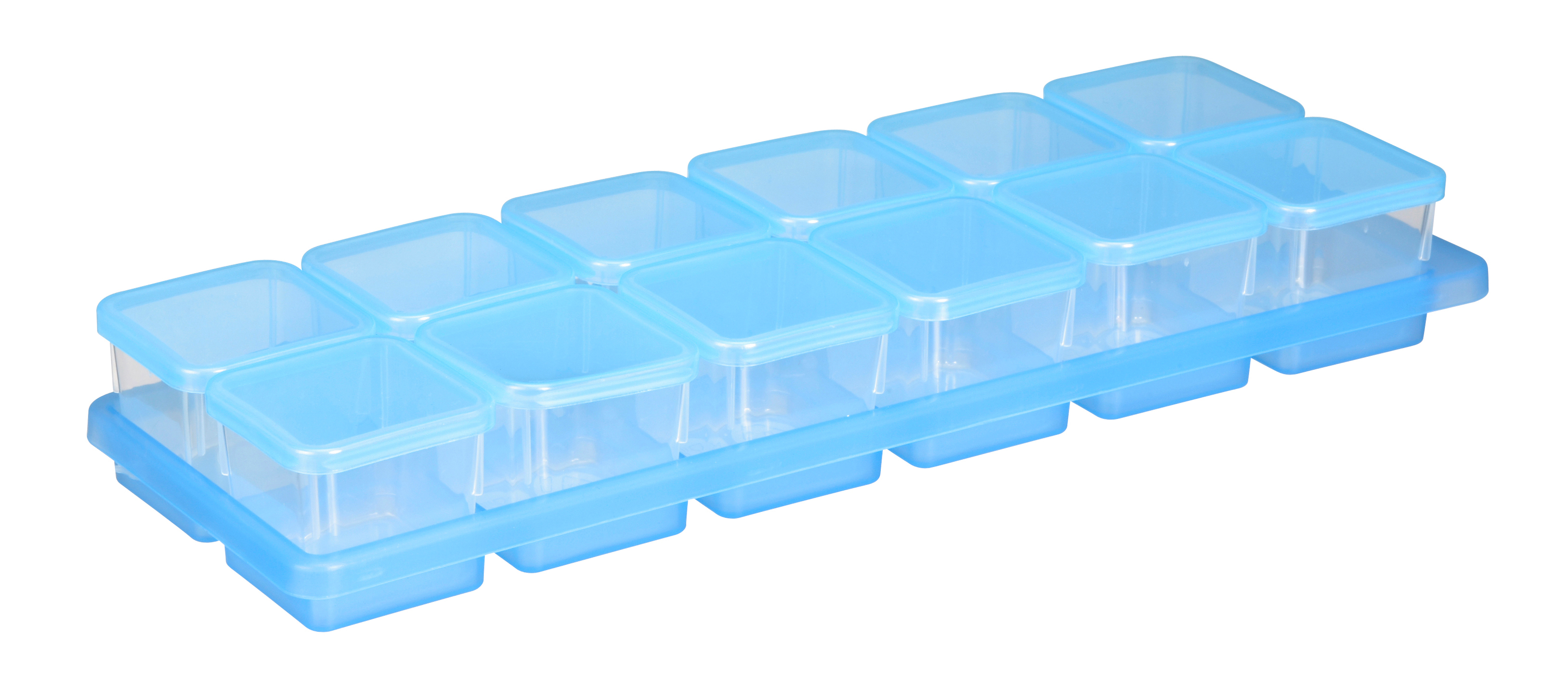 Transparente blaue Aufbewahrungsbox mit mehreren kleinen Fächern. Ideal für die Organisation von kleinen Gegenständen.